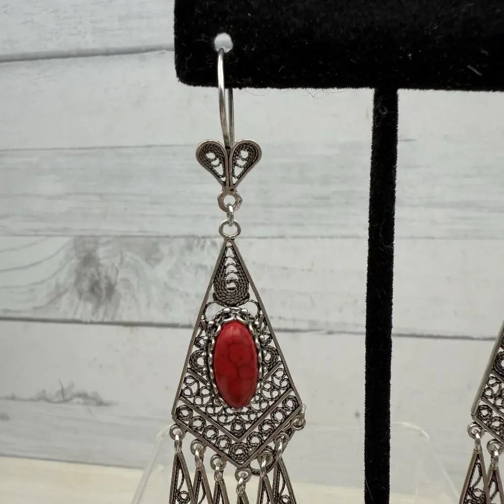 DGS Turkey 925 Sterling Silver Filigree Carnelian Dangle Earrings 16.4 grams